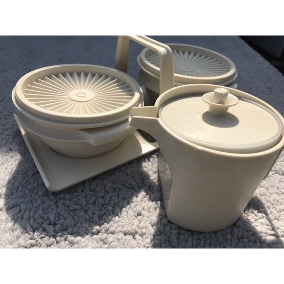 Vtg 80s Tupperware Condiment Servalier Caddy Bowls Lids Storage Pitcher HTF Set - Picture 3 of 15